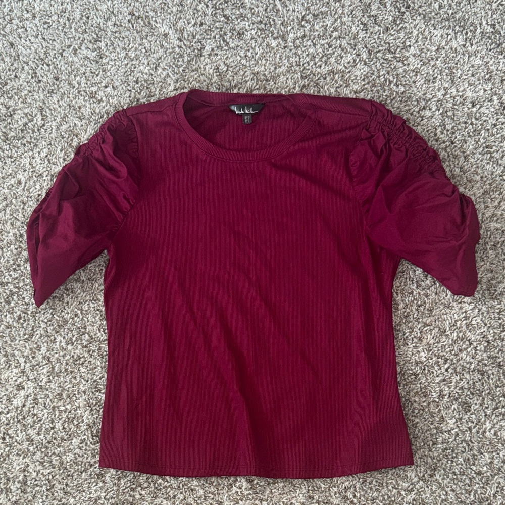 Nicole Miller Maroon Puff-Sleeve Short-Sleeve Top